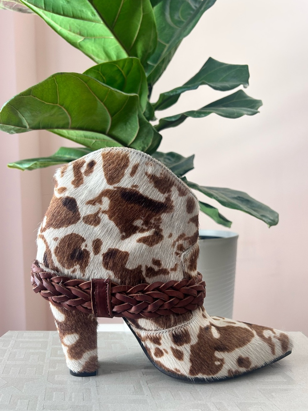 Golden Goose Cowhide Print Pointed Toe Ankle Boot with Braided Accent - Brown - Picture 1 of 5